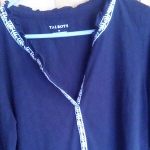 Talbots Dark Blue Blouse with White Trim
